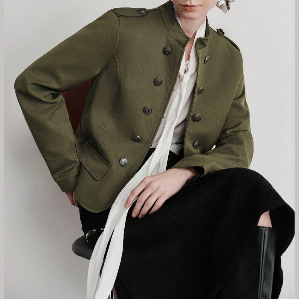 Olive Green Military Button Stand Collar Fitted Suit Jacket